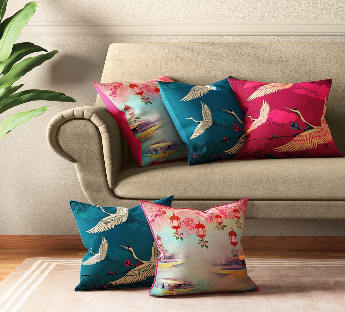 India Circus Lakeside Crane Flight Cushion Cover Set of 5