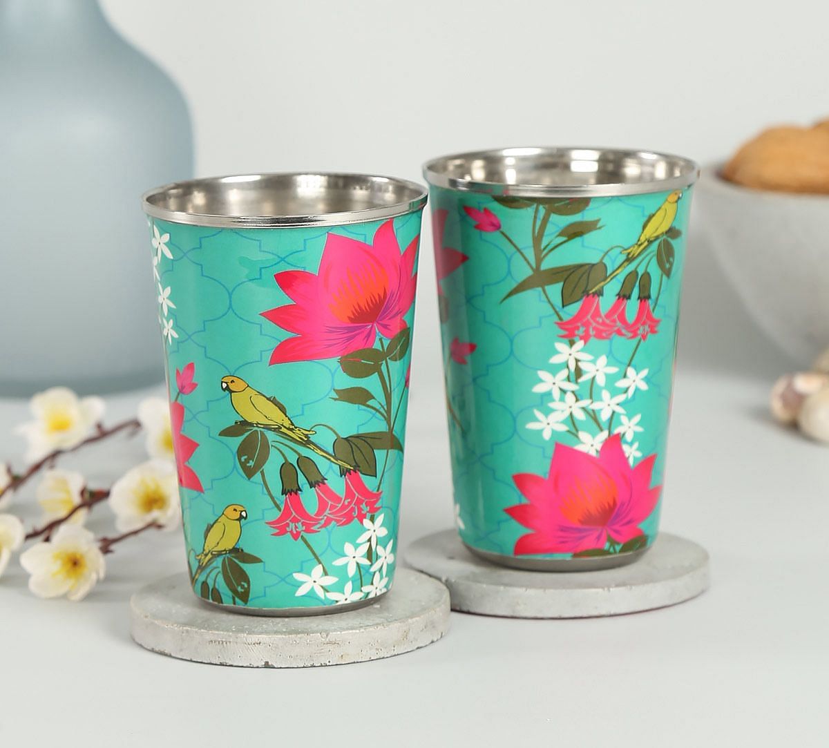 India Circus Parrot & Blooms Steel Tumbler (Set of 2)