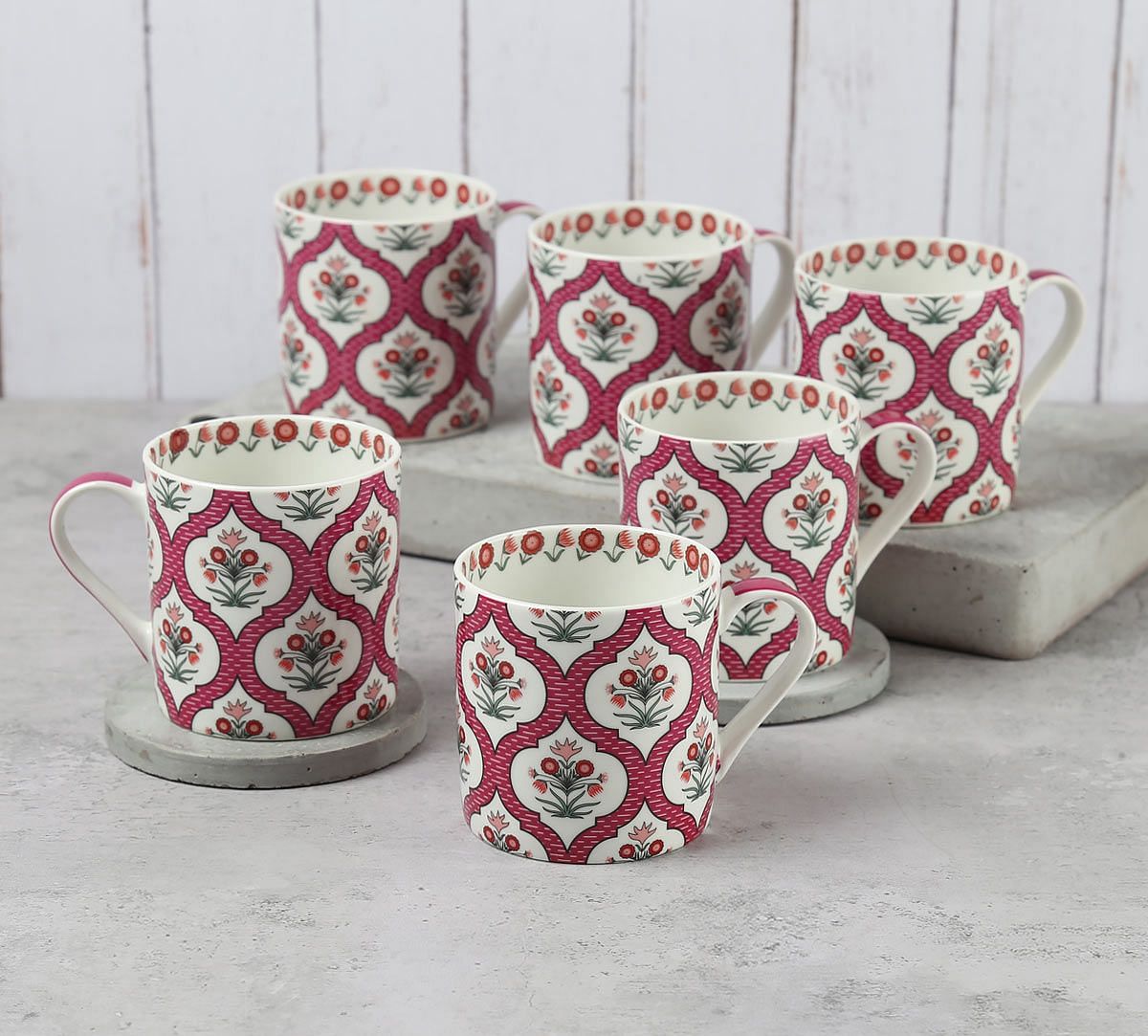 India Circus Pink Lattice Motifs Coffee Mugs Set of 6