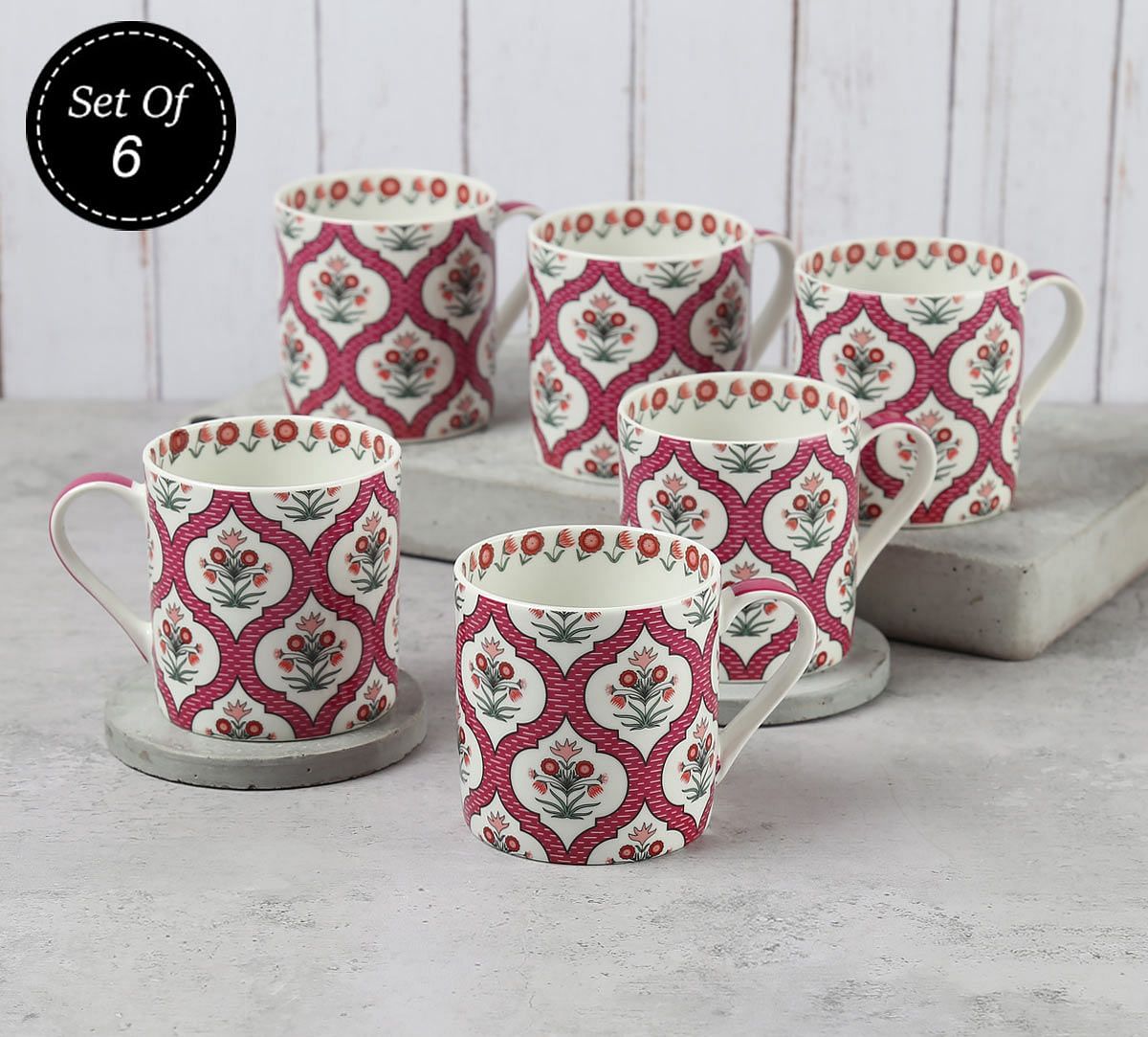 India Circus Pink Lattice Motifs Coffee Mugs Set of 6