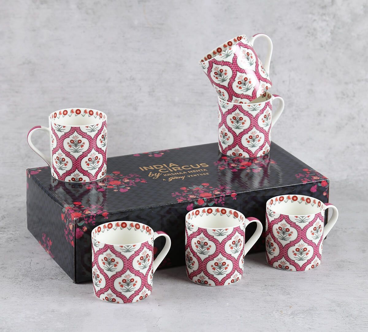 India Circus Pink Lattice Motifs Coffee Mugs Set of 6