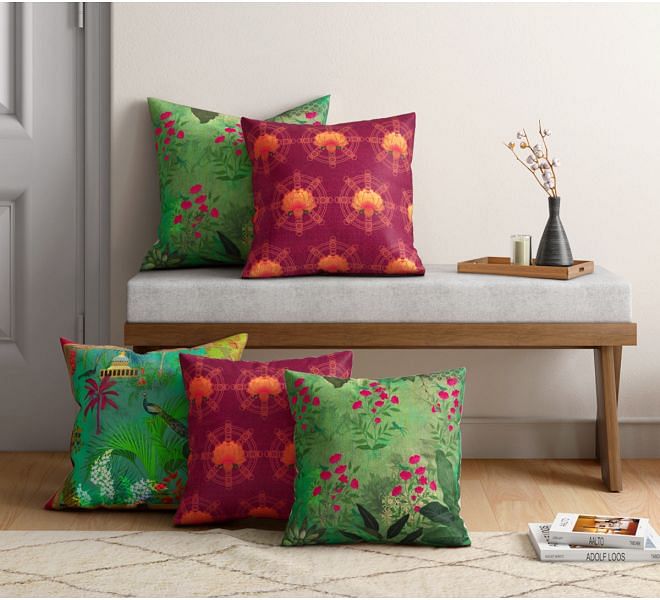 India Circus by Krsnaa Mehta Floral Mystique Satin Blend Cushion Cover Set of 5