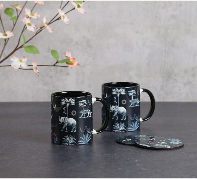 India Circus by Krsnaa Mehta Animalia Creations Ceramic Mugs and Coasters Combo Set of 2