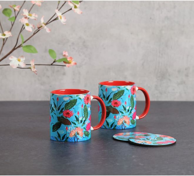 India Circus by Krsnaa Mehta Blossomy Mosaic Ceramic Mugs and Coasters Combo Set of 2