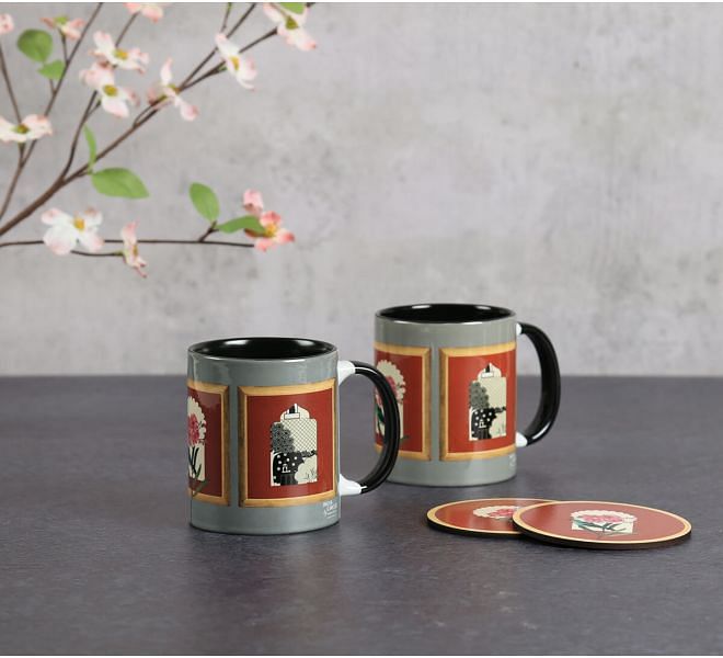 India Circus by Krsnaa Mehta Fluttering Blooms Ceramic Mugs and Coasters Combo Set of 2