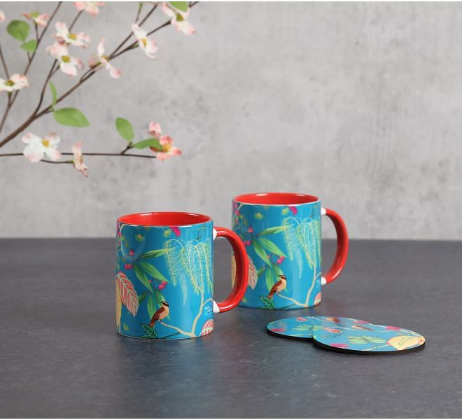 India Circus by Krsnaa Mehta Fronds and Florets Ceramic Mugs and Coasters Combo Set of 2