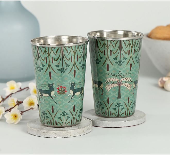 India Circus Mirroring Deer Garden Steel Tumbler (Set of 2)