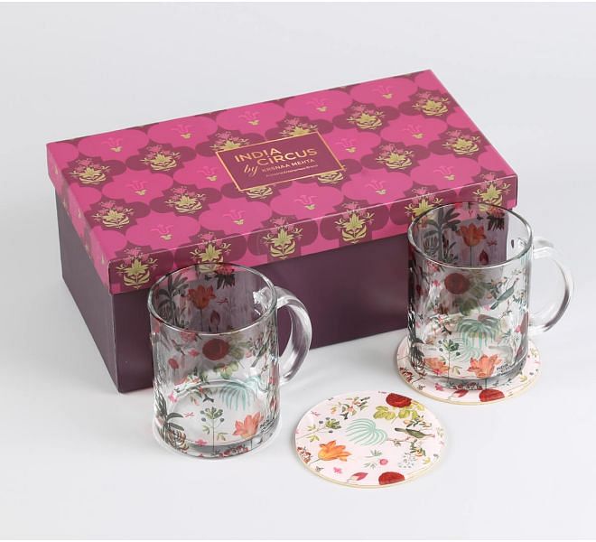 India Circus by Krsnaa Mehta Petal and Plume Glass Mugs & Coasters Combo - Set of 2